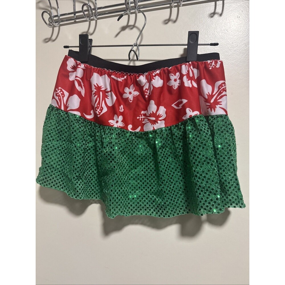 Lilo Inspired Running Sequined Skirt Womens Green Sparkle Hawaiian Print S-M